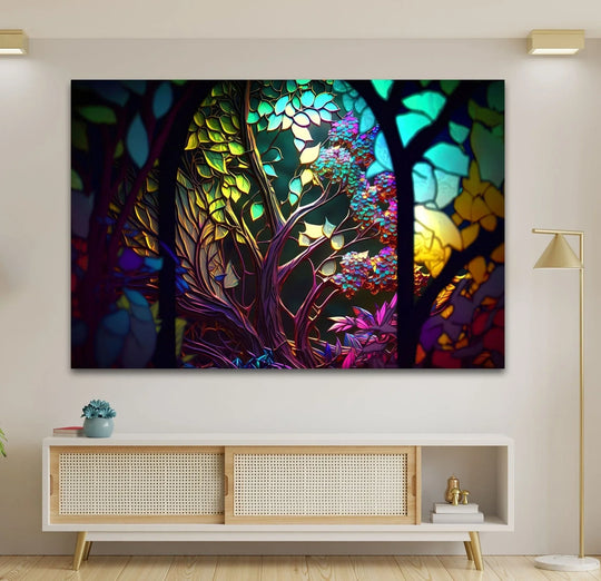 Abstract Fairy Forest glass wall art shows colorful tree leaves and abstract design and forest theme and is stained glass decor and is on display