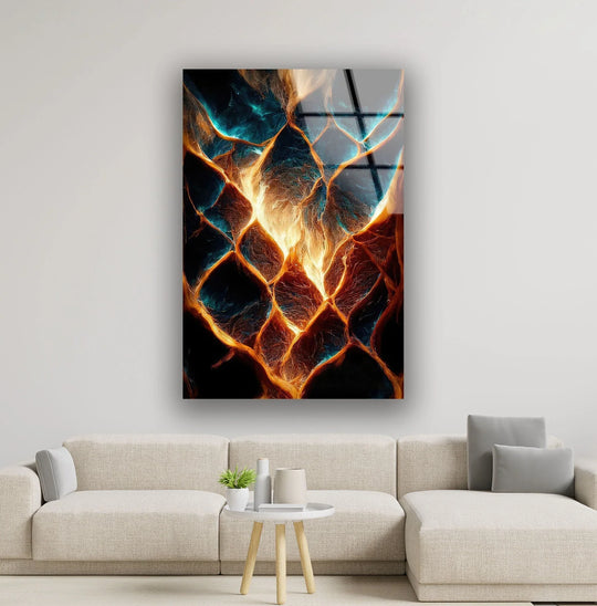 Abstract fire glass wall art decor showcasing a captivating visual rhythm of glowing embers and cool blues in organic patterns.