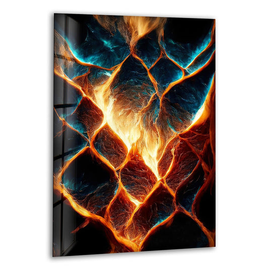 A still abstract glass wall artwork features glowing fiery tendrils against dark, cool blue depths, creating a frozen moment of intense energy.