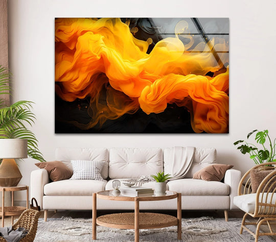 Abstract flame colors wave glass wall art, a dynamic and vibrant decorative wall art piece.