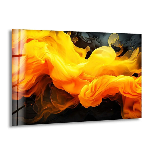 An abstract flame colors wave glass art piece reveals flowing layers of vibrant orange and yellow hues against a dark background.