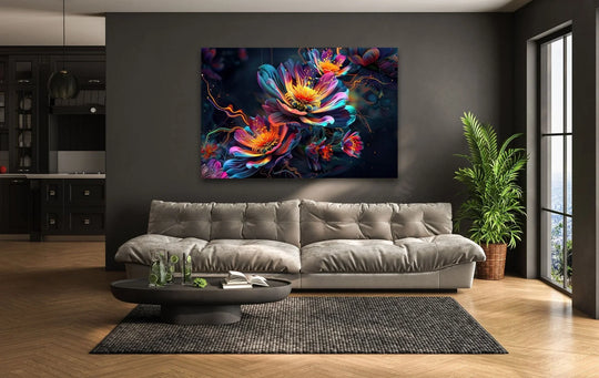 This abstract tempered glass wall art features a vibrant transition of neon colors, from deep blues to fiery oranges, in a floral design.