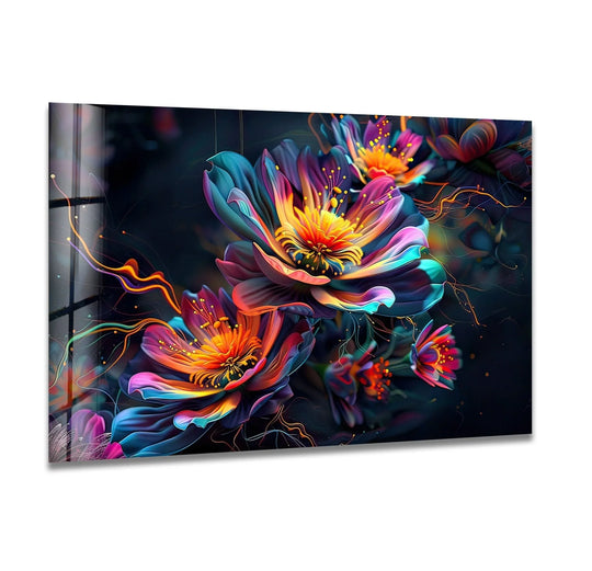 A stunning abstract floral neon design glass wall art featuring a vibrant edge on a dark background.