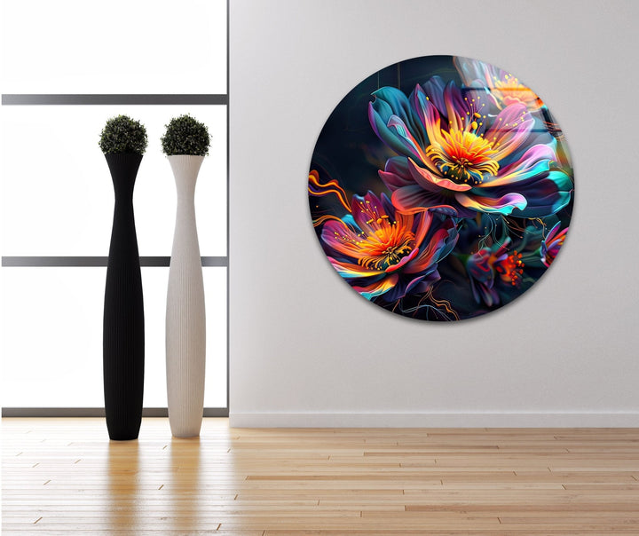 Abstract Floral Neon Design Glass Wall Art custom glass photo prints, large glass prints
