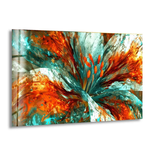 Close-up of an abstract floral glass wall art, showcasing vibrant orange and teal textured detail.