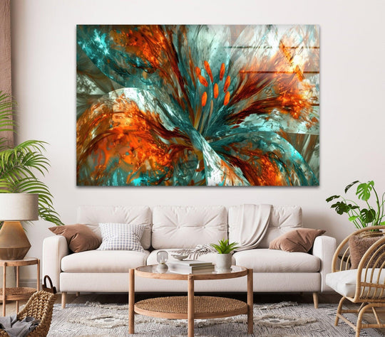 Abstract floral glass art featuring sharp geometric shards and angular petal forms in vibrant orange and turquoise hues.