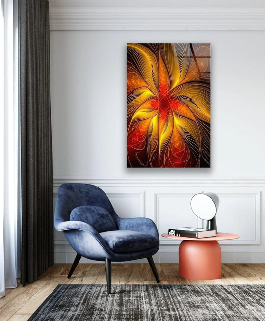 A vibrant glass art painting showcases fiery orange, yellow, and red hues in an abstract fractal pattern.