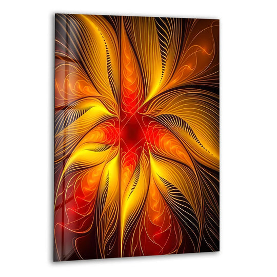 A fiery abstract fractal print wall art on glass, showcasing vibrant colors and intricate lines.