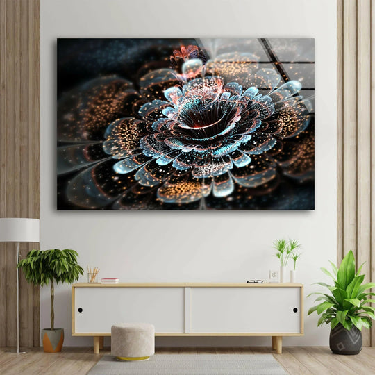 The stillness captured in this abstract fractal flower glass wall art decor piece offers a moment of quiet contemplation amidst its vibrant, blossoming design.