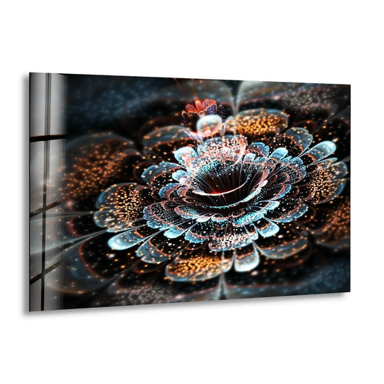 Transitioning fluidly between copper hues and azure tinges, this abstract fractal flower glass wall art decor presents a captivating gradient across its petal design.