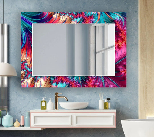 Mirror Art featuring an Abstract Fractal Neon design in vibrant pink red and teal colors a glass artistic statement piece horizontally displayed