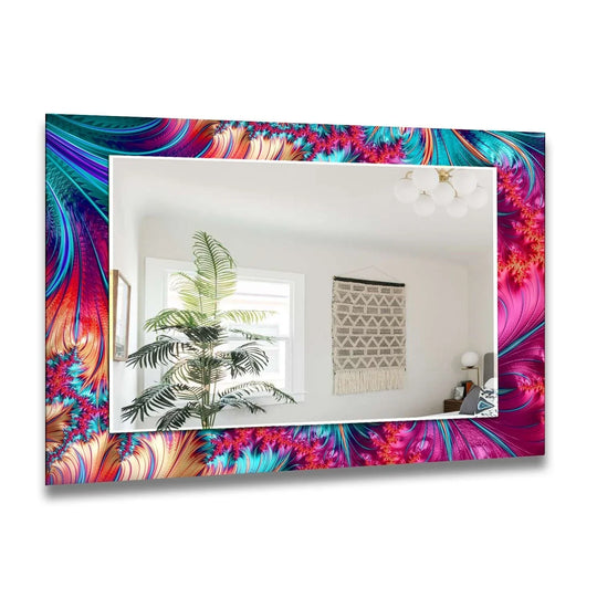 Mirror Art with a vibrant abstract fractal frame in neon teal blue purple pink and orange a captivating Abstract Fractal Neon Wall Mirror