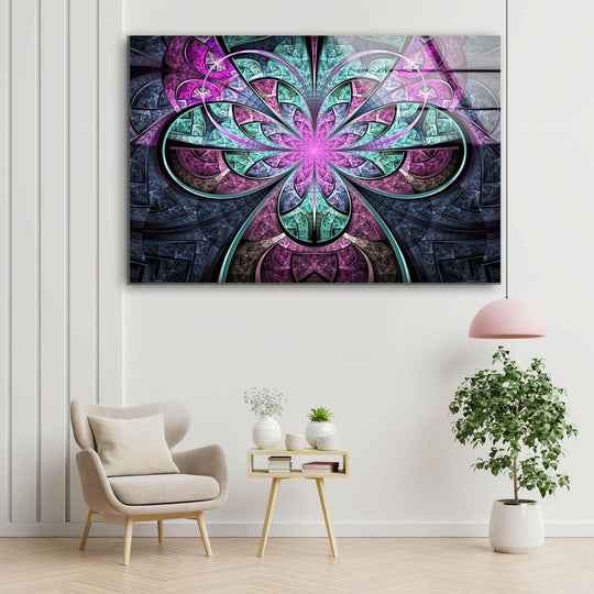 Vibrant, saturated abstract fractal purple flower best glass art showcases intense magenta, teal, and navy hues in a luminous floral design.