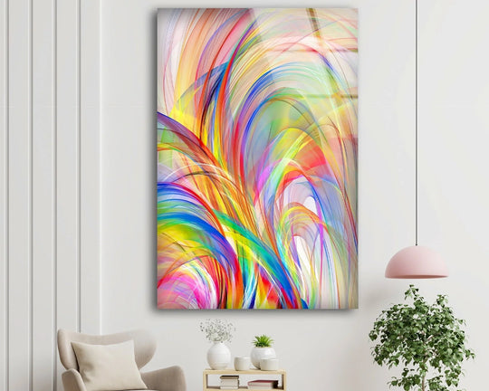 Realistic detail of abstract fractal soft colors glass wall art, a vibrant piece of art from glass with flowing lines.