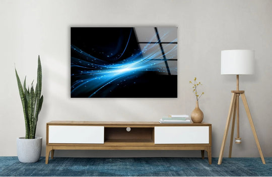 Vibrant blue abstract futuristic glass wall art with high color saturation, a stunning example of unique modern wall decor.