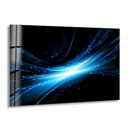 The brightest, loudest burst of electric blue energy illuminates this stunning abstract glass wall art home decor.