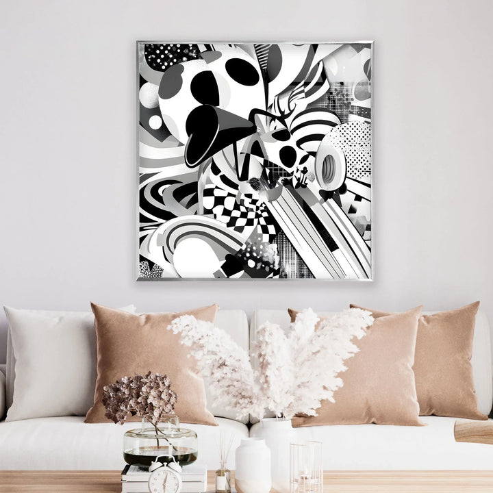 High-contrast black and white abstract composition printed on glass showcasing bold geometric elements.