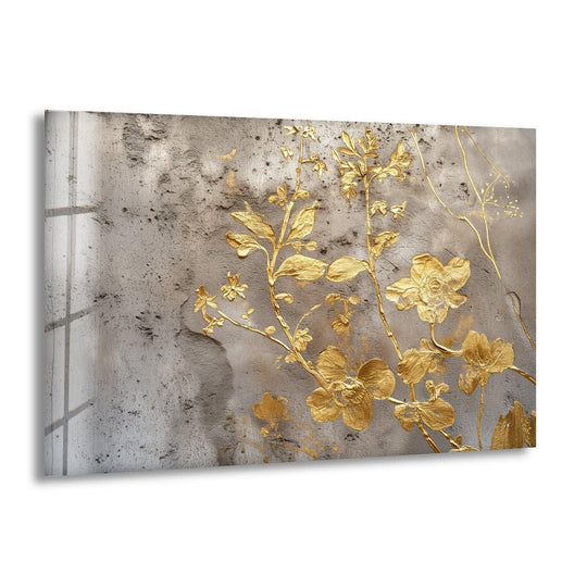 Illuminating with golden radiance, the brightest area showcases a gorgeous abstract gold flowers glass wall artwork displaying an elegant floral design.