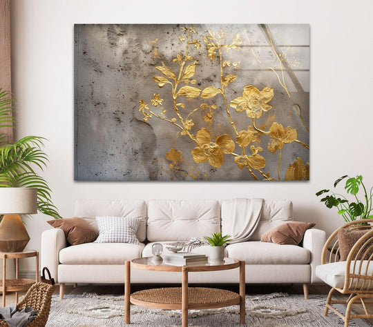 Depicting the realistic detail, this abstract gold flowers glass wall art showcases luminous golden blooms against a textured backdrop, complementing modern home decor.
