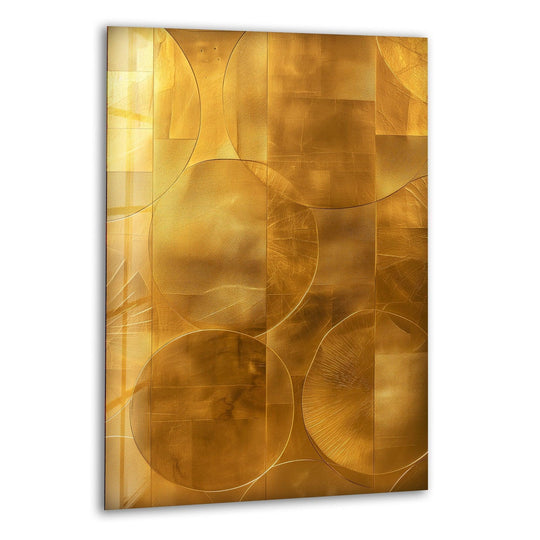 Glass wall art features a golden geometric mosaic with circular motifs and textured accents.