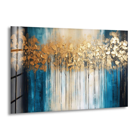 Abstract Gold Leaf Forest glass wall art shows golden leaf trees and an abstract forest scene and is elegant glass decor