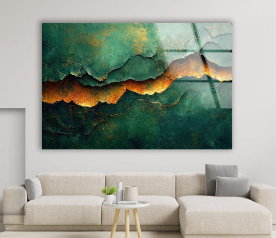Striking glass wall artwork featuring a textured, abstract design with golden cracks and rich emerald tones.