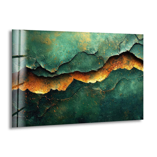 Abstract golden cracked glass wall art features the deepest emerald green textured areas as home decor.