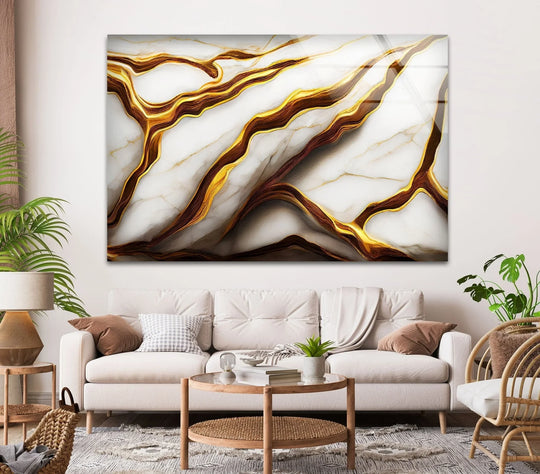 Abstract golden details marble glass wall art showcasing a layering effect in unique modern wall decor.
