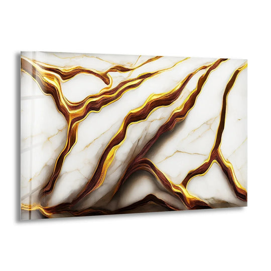 Smooth white marble surface texture with raised, flowing veins of rich gold and deep brown in abstract glass wall art decor.