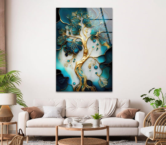 Cool color temperature is displayed in the abstract golden tree-roots glass wall art, providing a peaceful element of home decoration.