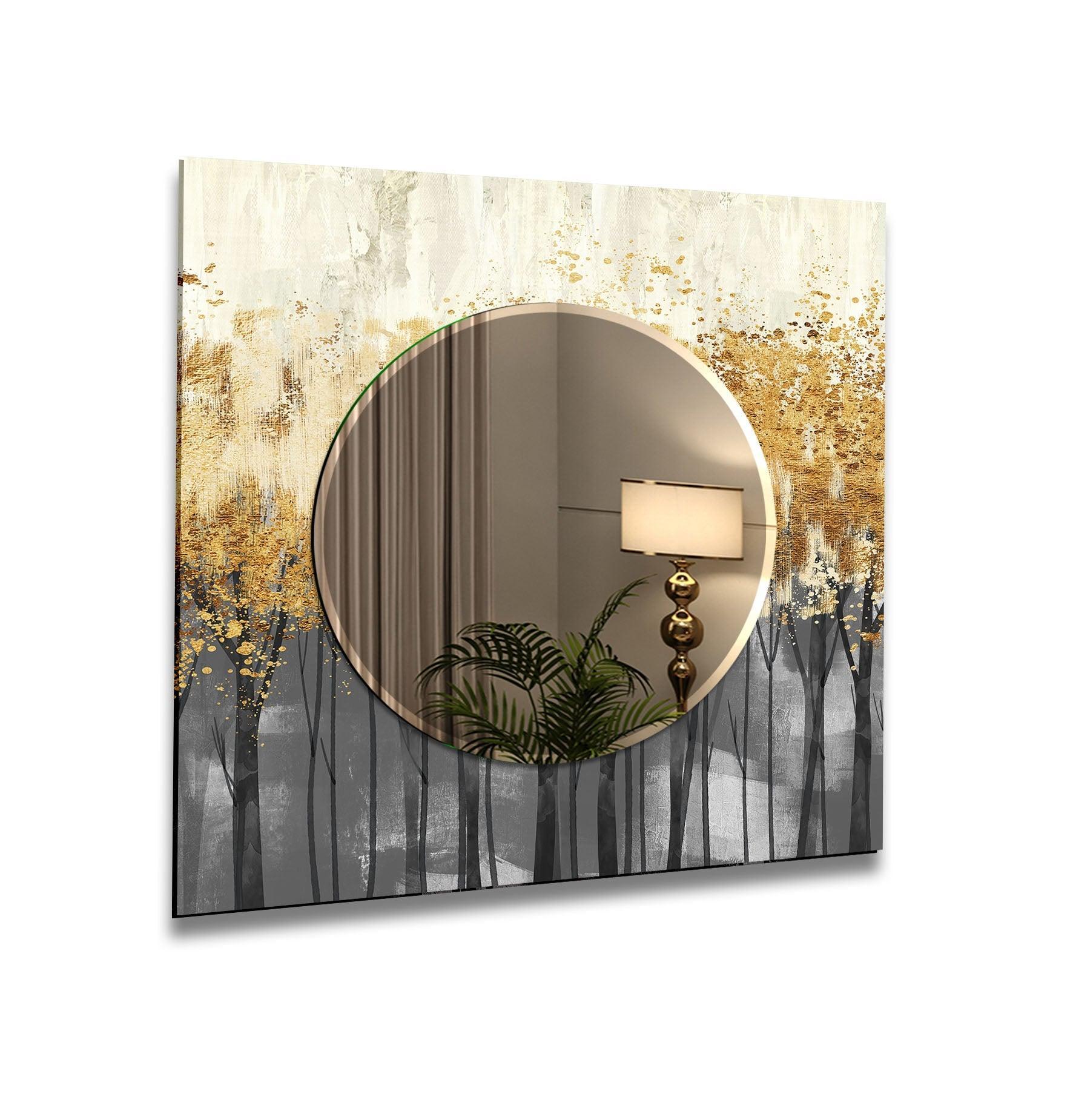 Reflecting a tranquil indoor scene, the softly diffused light from the lamp highlights the beauty of this abstract golden trees wall mirror for wall decor.