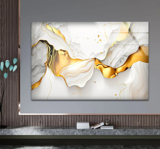 Elegant abstract golden waves ripple across this stunning glass printing, showcasing a luxurious, fluid design.