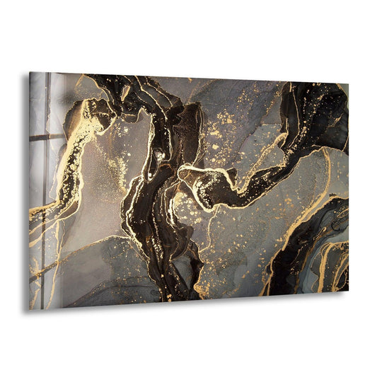 Still abstract gray & gold glass wall art decor with swirling dark ink and shimmering gold flecks, evoking a sense of quiet luxury.
