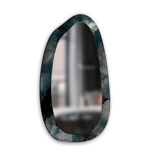 Asymmetric wall mirror featuring an abstract green and grey pattern a large bedroom wall mirror on a white background