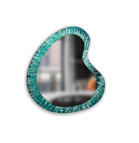 Asymmetric mirror with a modern abstract design and vibrant green lines features a unique kidney shape and durable tempered glass