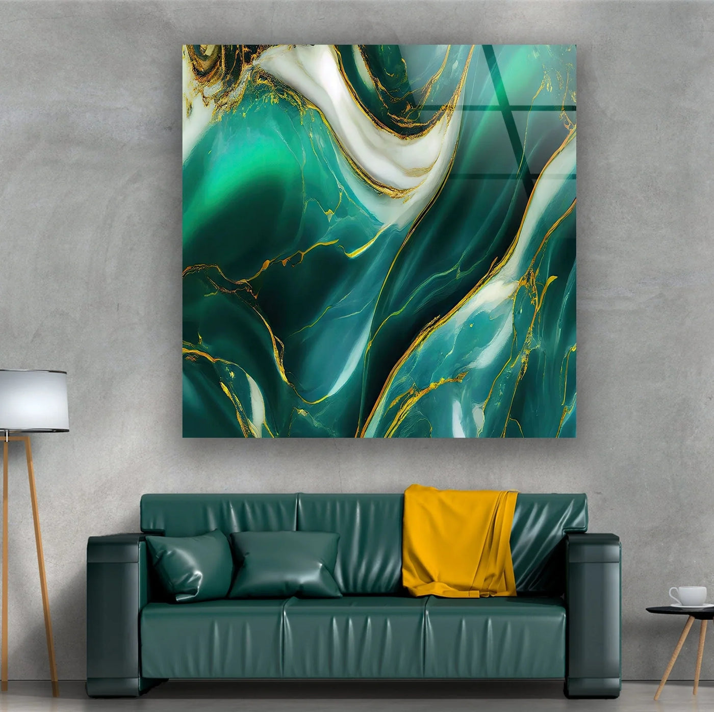 Striking abstract green marble glass wall art featuring swirling emerald and gold patterns, perfect for luxurious home décor.