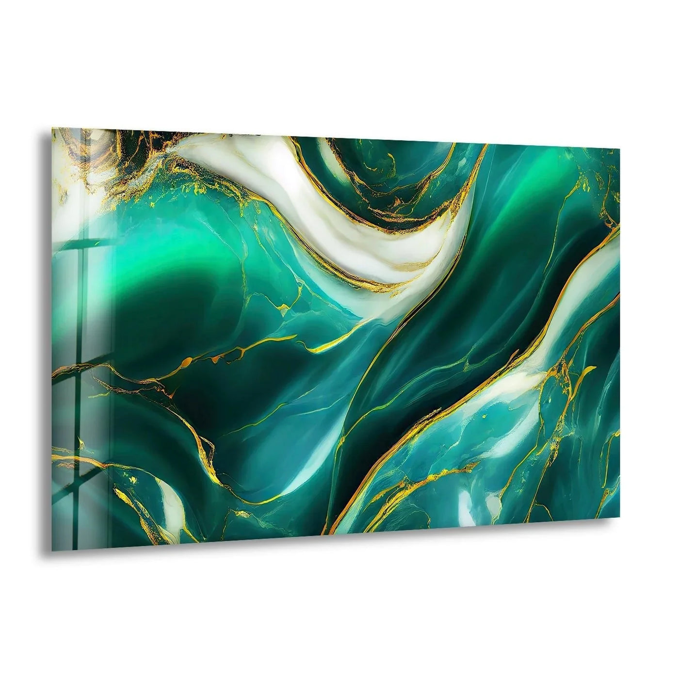 Swirling layers of emerald and white marble with gold veins create a stunning glass wall artwork.