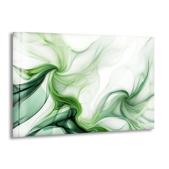 Abstract green tones on wall art prints reveal swirling, smooth glass textures with subtle dimensional depth.