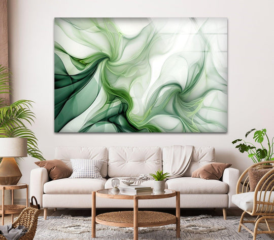 Refined abstract green tones ink splashes on durable tempered glass wall art, enhancing home decor with its exquisite quality.