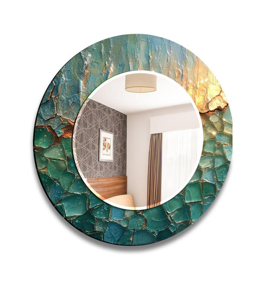 Abstract Green Wall Mirror features a round shape with an abstract teal and gold mosaic art design reflecting a modern bedroom