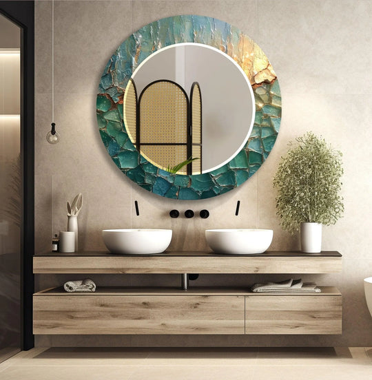 Abstract Green Wall Mirror a round decorative bathroom mirror with an abstract green blue and gold cracked mosaic border