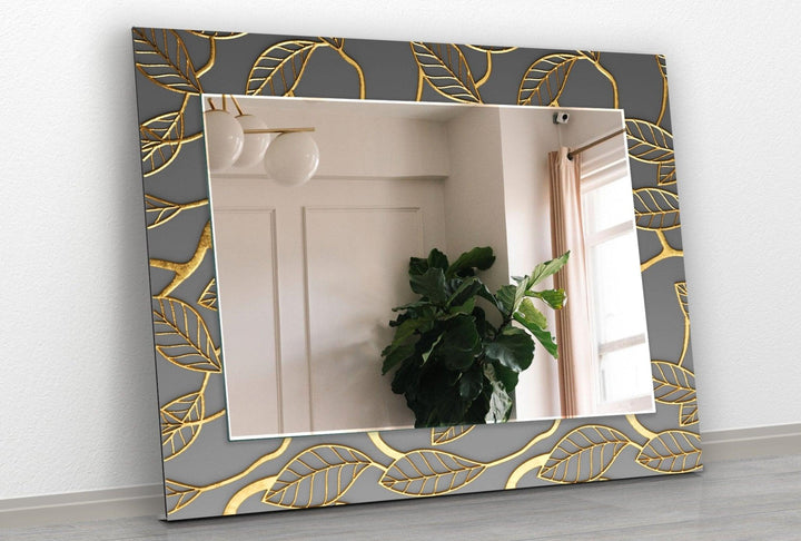 Abstract Grey Golden Leaves Wall Mirror Dining Room Mirror
