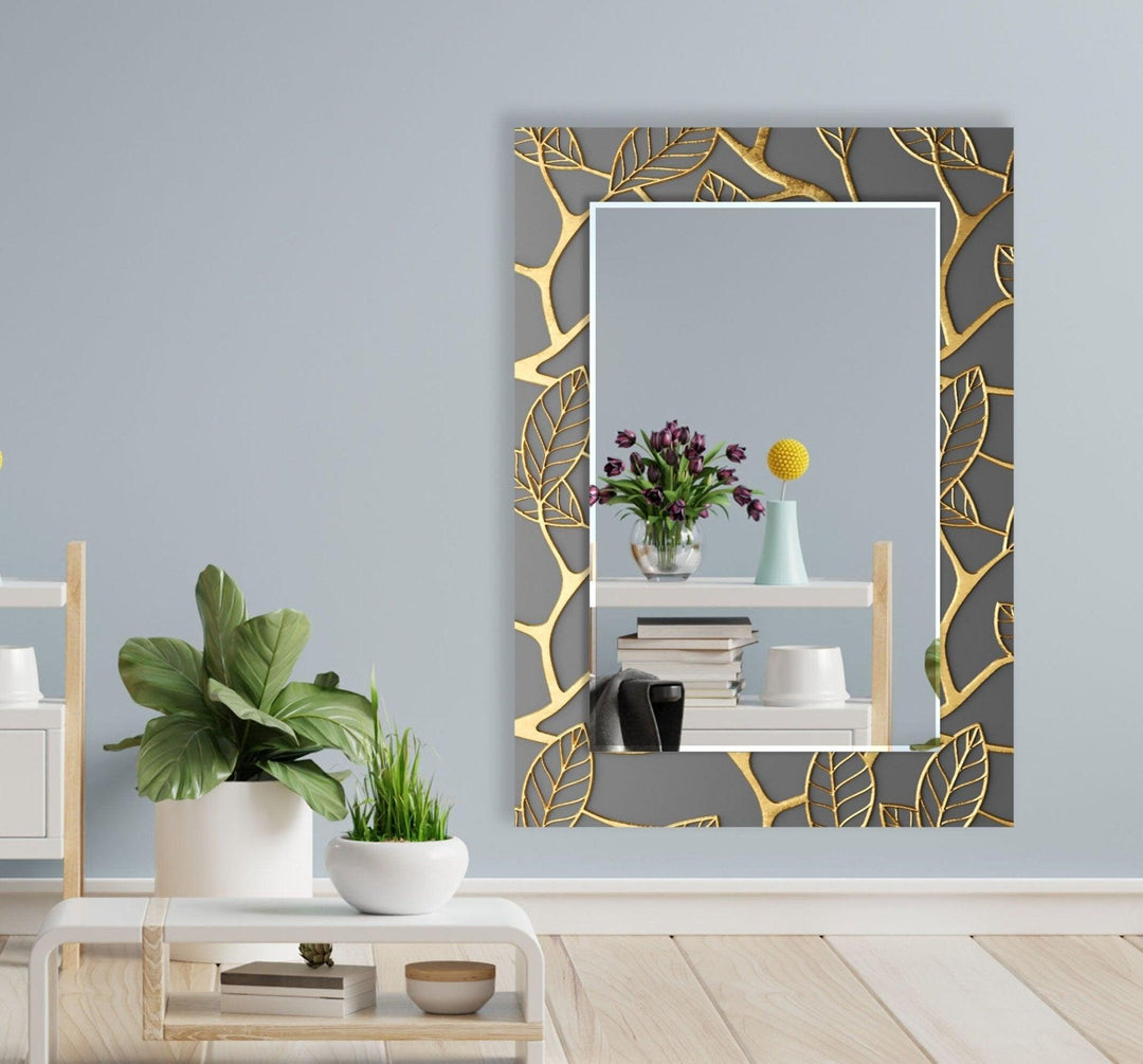 Abstract Grey Golden Leaves Wall Mirror Living Room Mirror
