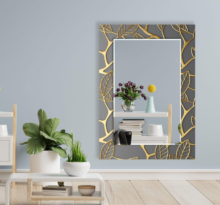 Abstract Grey Golden Leaves Wall Mirror Living Room Mirror

