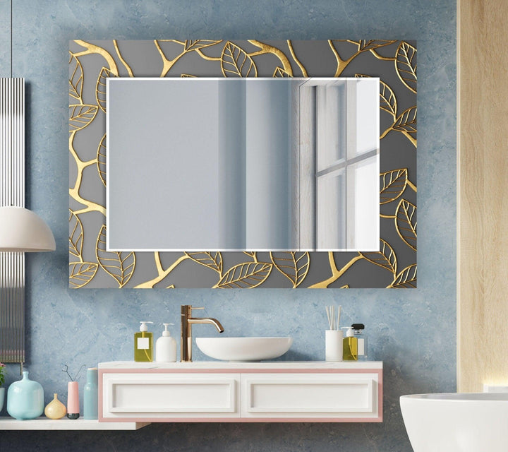 Abstract Grey Golden Leaves Wall Mirror Decorative Mirror
