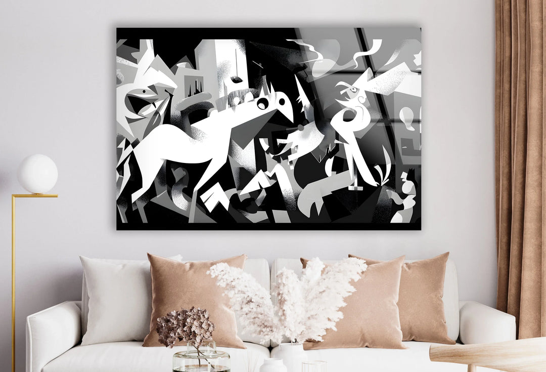 Monochrome abstract scene on tempered glass with expressive horse silhouettes and shapes.
