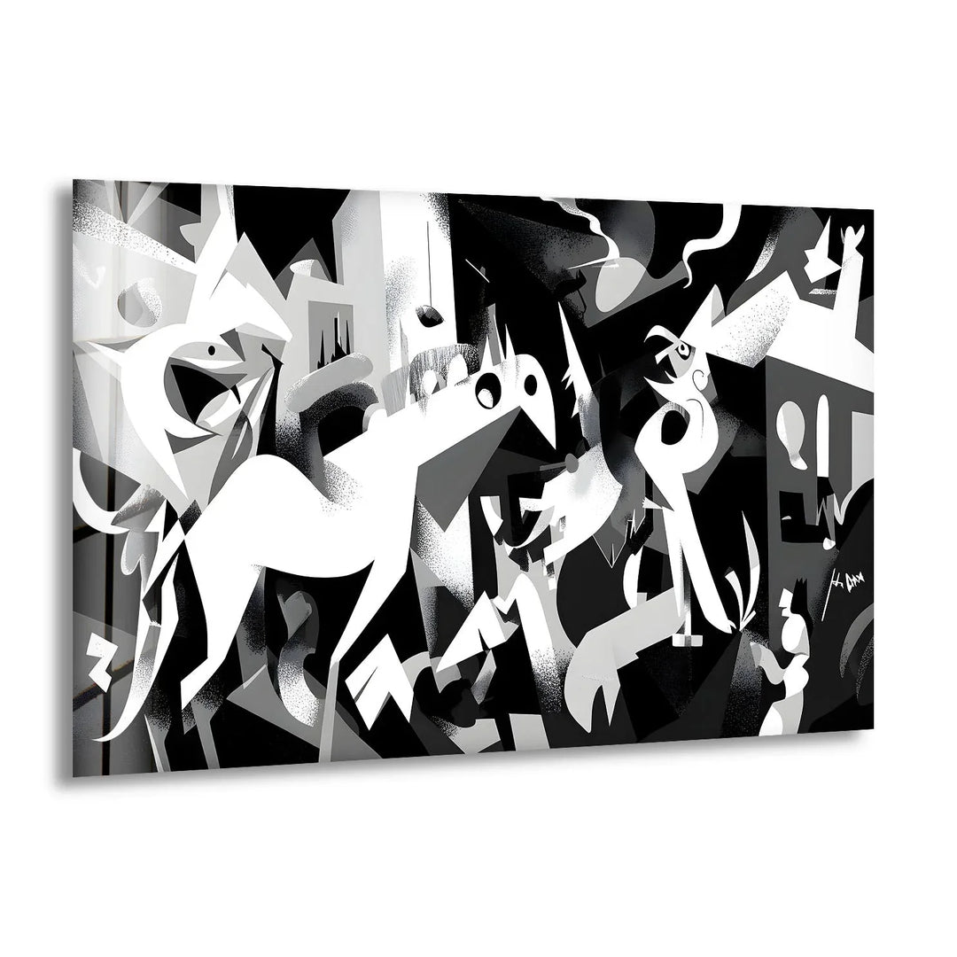 Black and white glass wall art featuring abstract horses and figures in a dynamic modern composition.