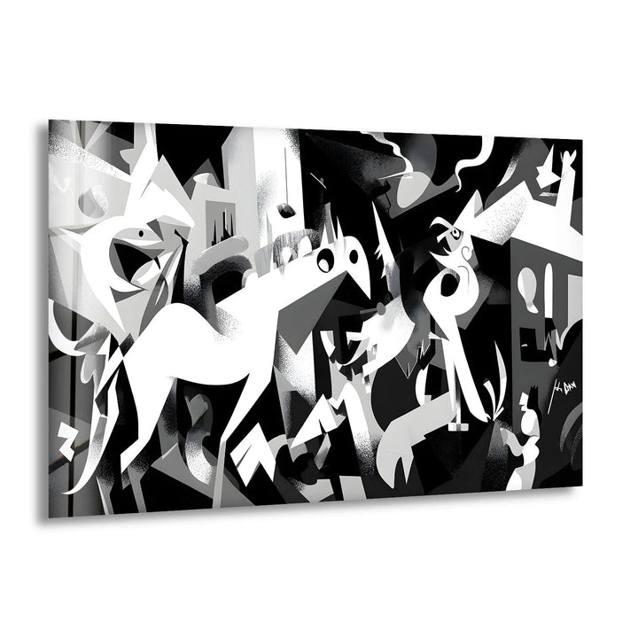 Black and white glass wall art featuring abstract horses and figures in a dynamic modern composition.