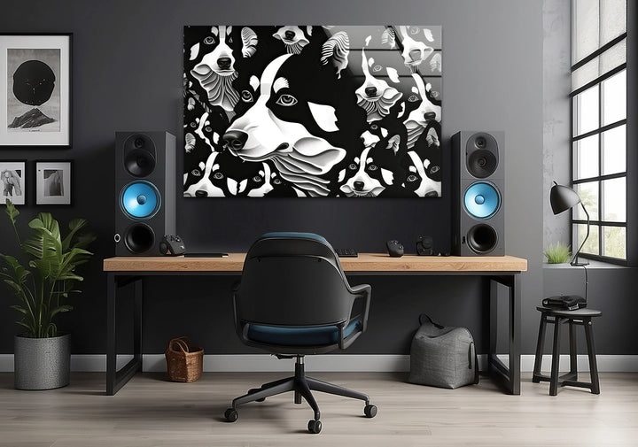 Black and white husky illustration arranged in a dense pattern, ideal for modern glass wall decor.