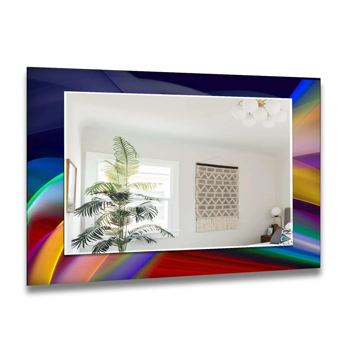 Geometric abstract lines form a colorful frame around this reflective bathroom mirror, enhancing the design of the wall art piece.